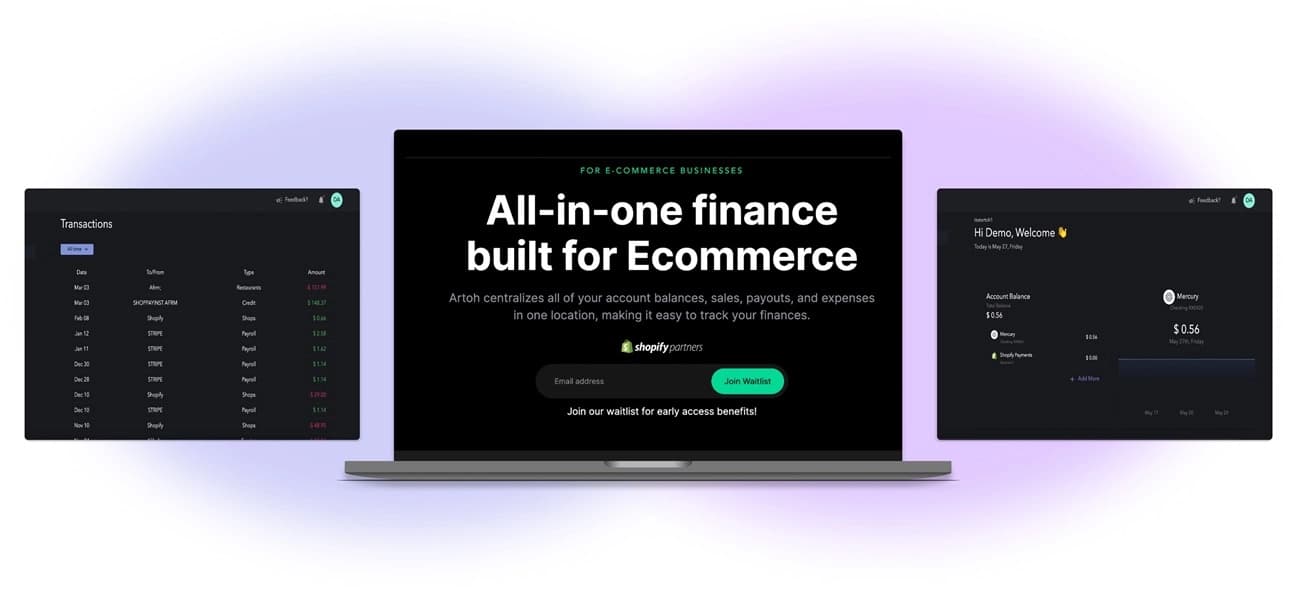 Artoh financial dashboard screens