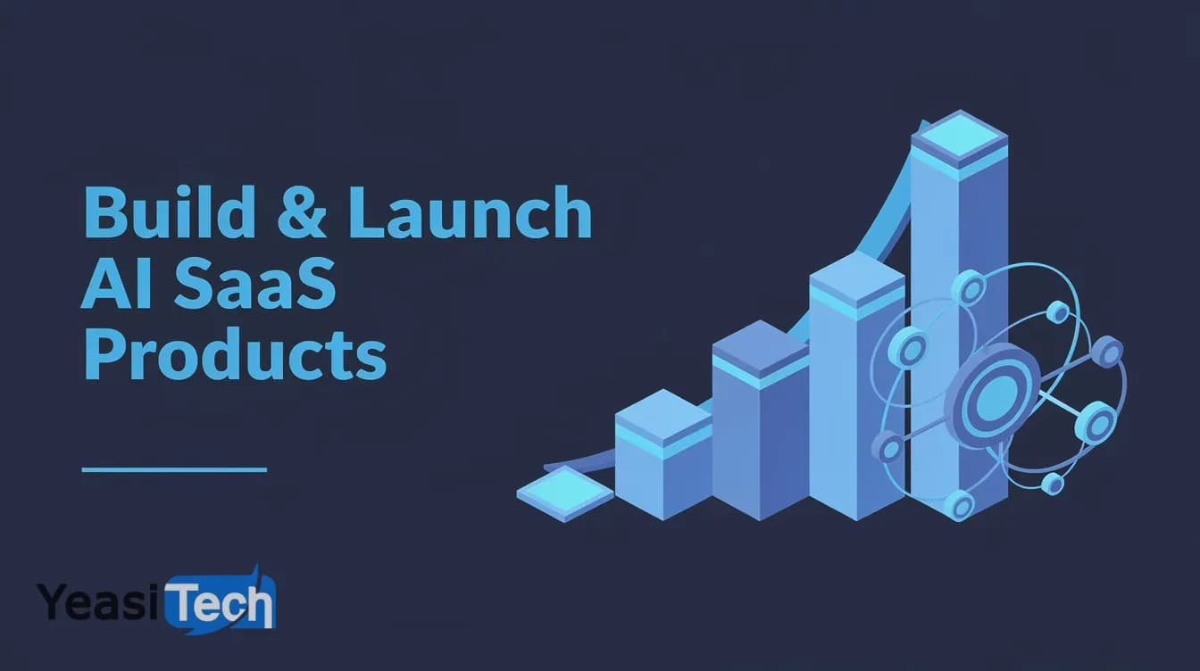 Dark banner with blue geometric shapes representing AI product development and growth trajectories