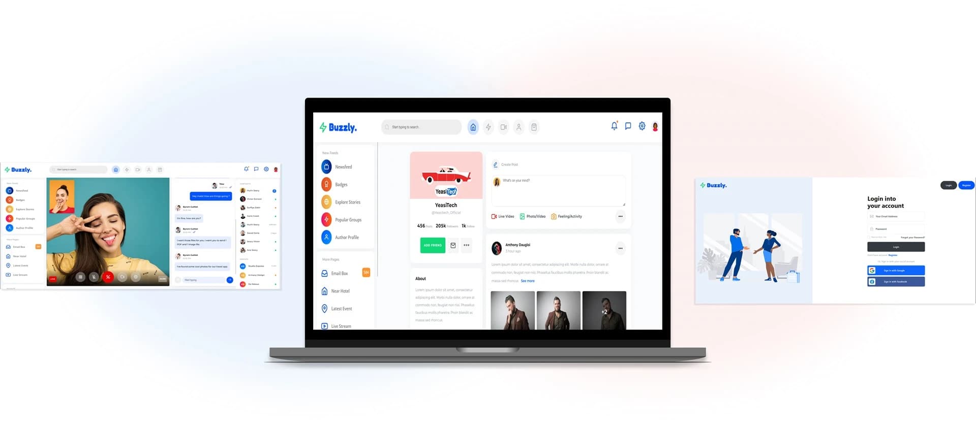Buzzly social feed screens