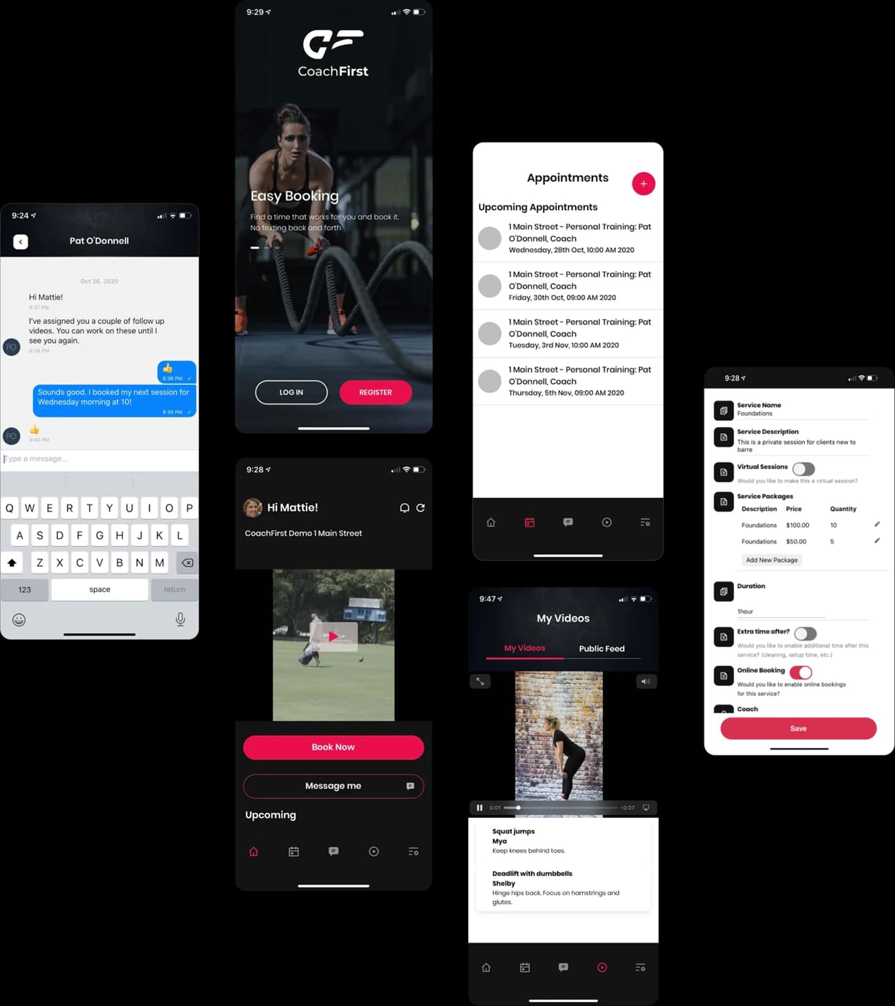 CoachFirst booking and coaching screens