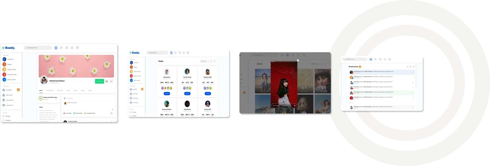 Collection of Buzzly social application screens