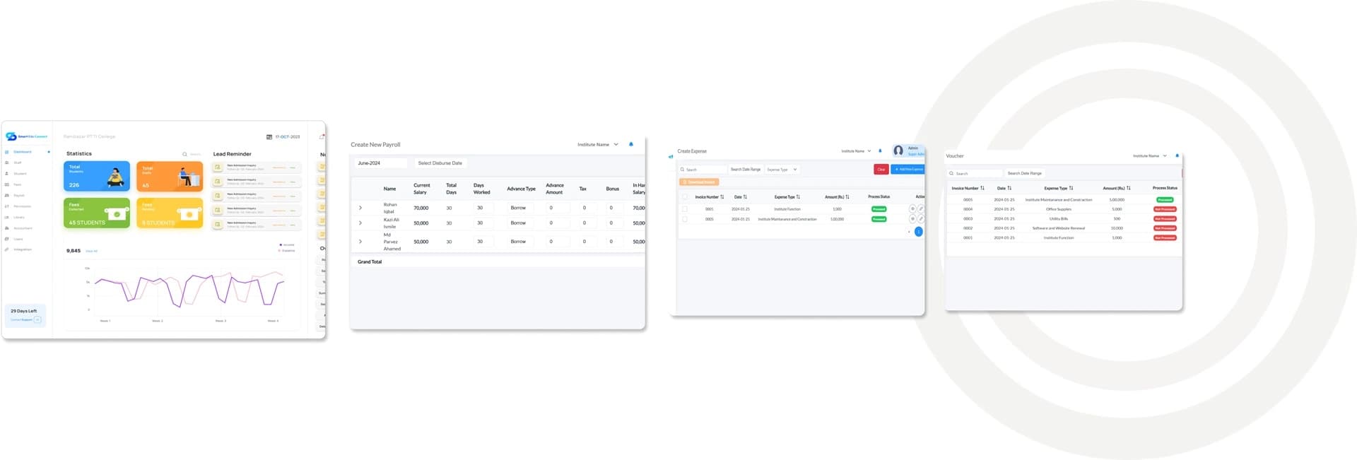 Collection of Smart Edu Connect ERP screens