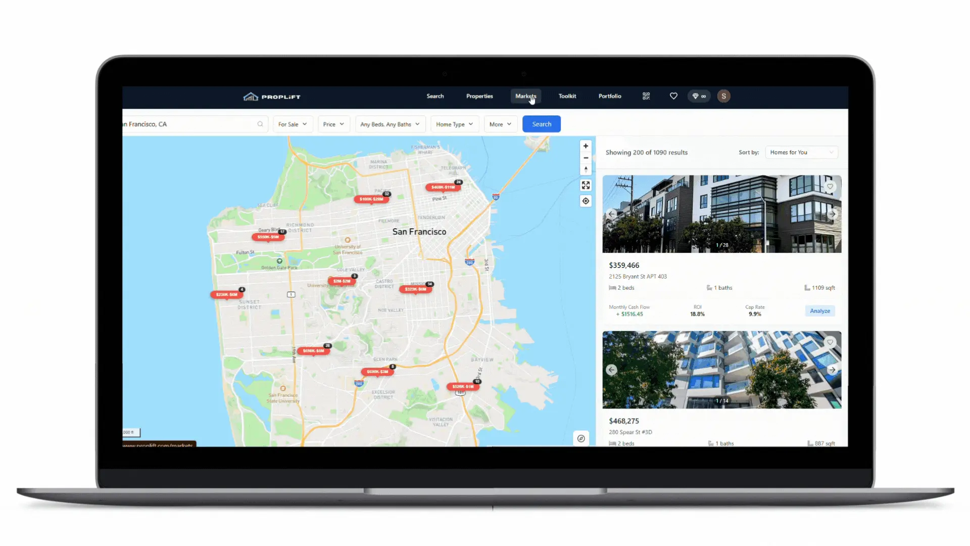 PropLift investment analysis screens